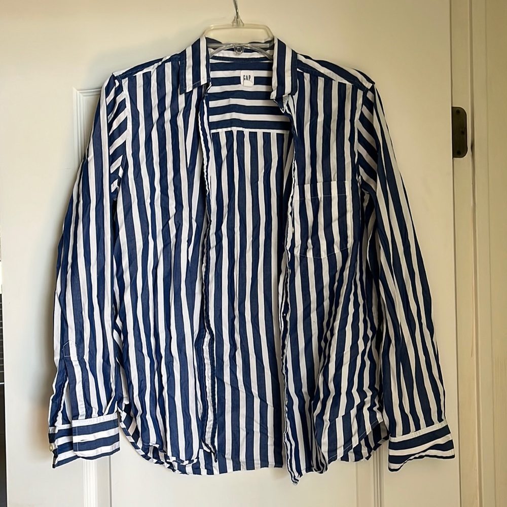 Gap blue and a white striped nautical button down shirt.